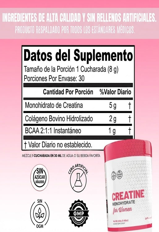 Creatina para Mujeres 5000 mg + Colágeno y BCAA