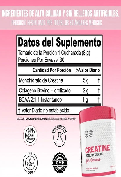 Creatina para Mujeres 5000 mg + Colágeno y BCAA